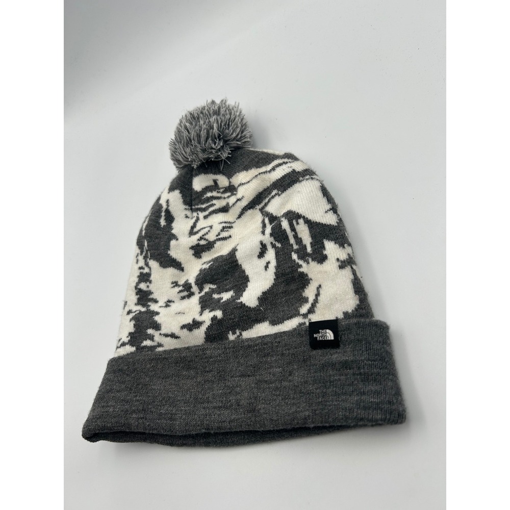 The North Face Mountain Graphic Knit Pom Beanie Hat Gray White Winter Skier